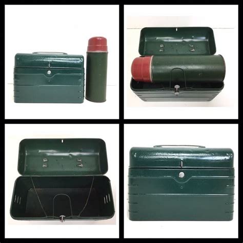 vintage metal lunch box with thermos in green leather|tin lunch box with thermos.